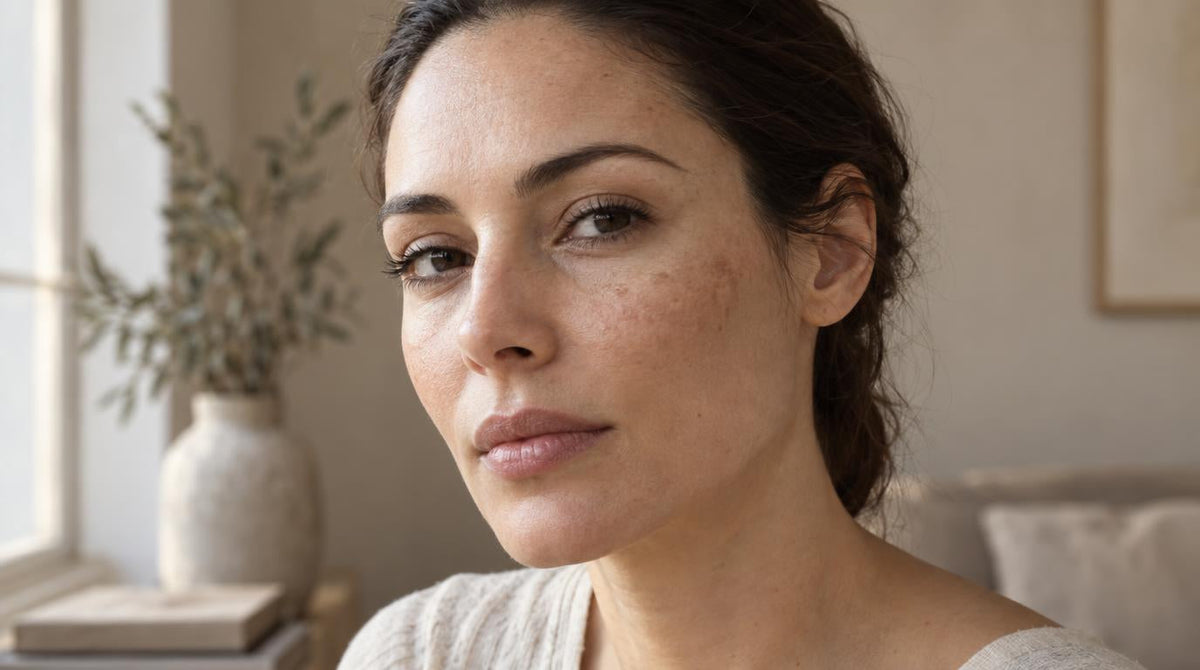 Femme présentant des zones d’hyperpigmentation sur la joue, illustration des taches cutanées Image