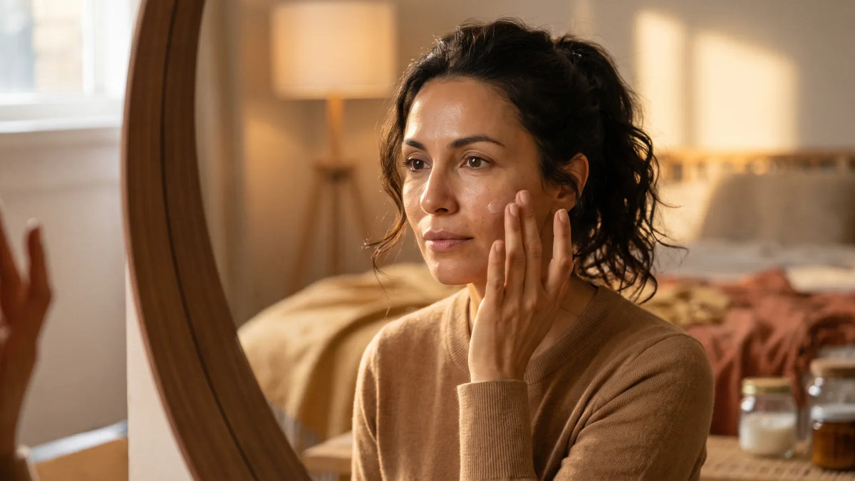 Femme appliquant délicatement une crème sur sa joue devant son miroir pendant sa routine du soir Image