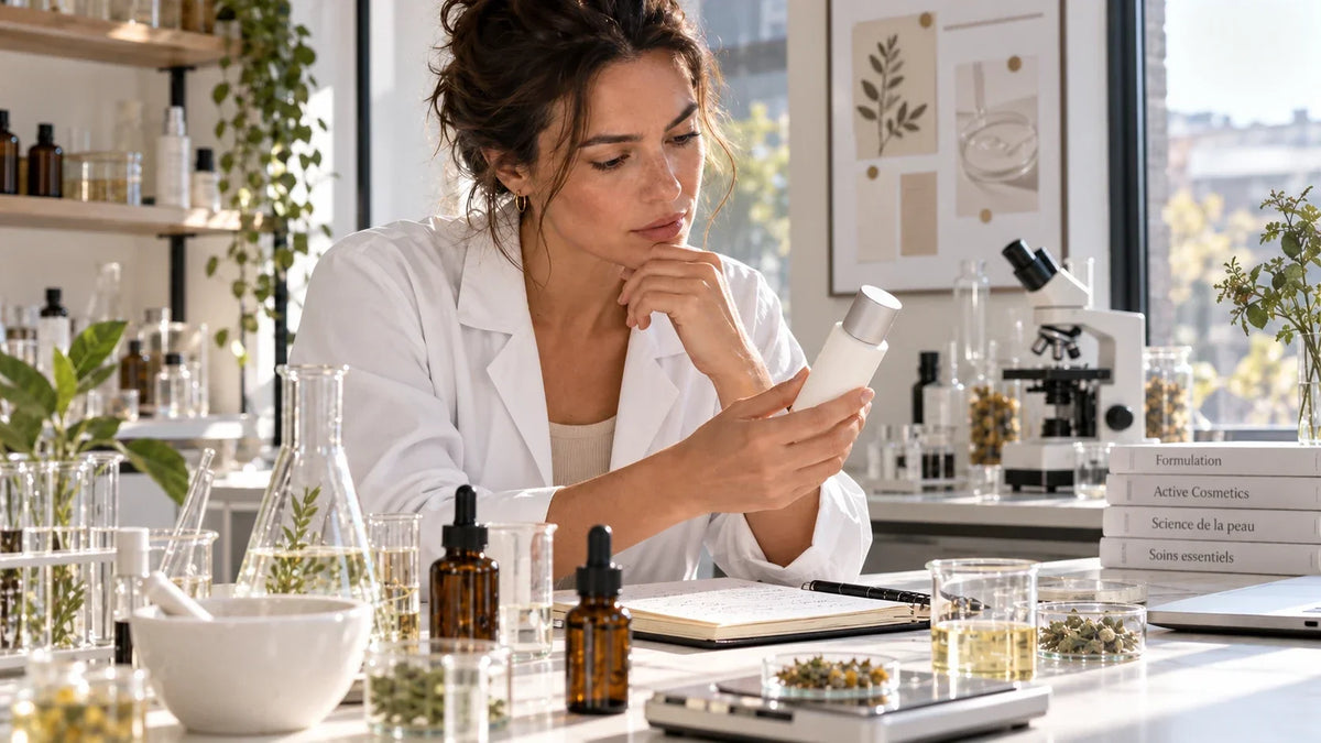 Formulatrice en blouse blanche examinant un soin dans un laboratoire cosmétique.