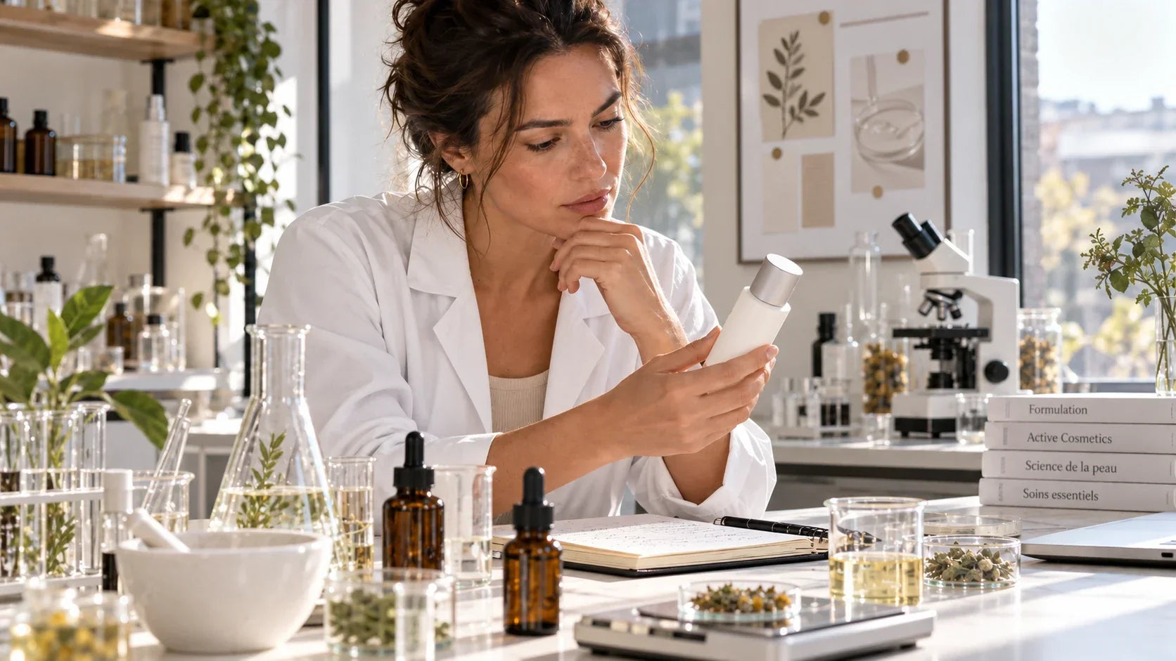Formulatrice en blouse blanche examinant un soin dans un laboratoire cosmétique. Image