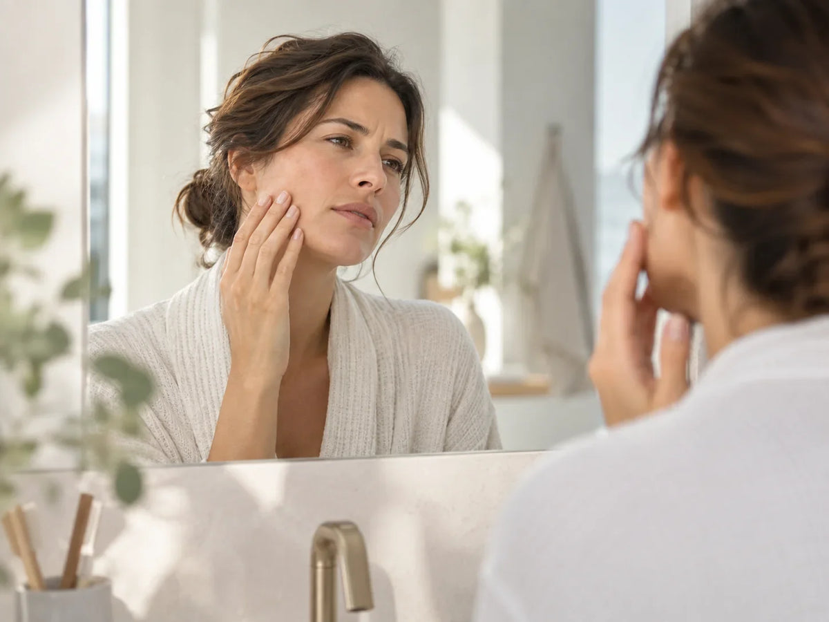 Femme observant sa joue dans un miroir, signe d’une barrière cutanée fragilisée
