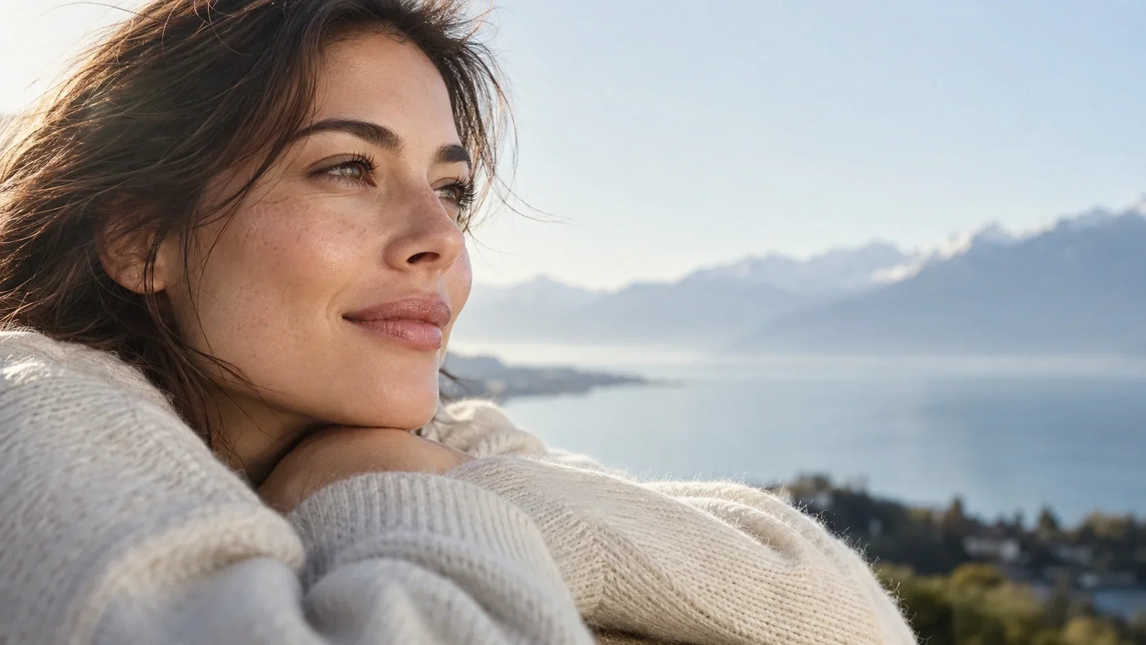 Femme au bord d’un lac de montagne, peau naturelle éclairée par une lumière douce