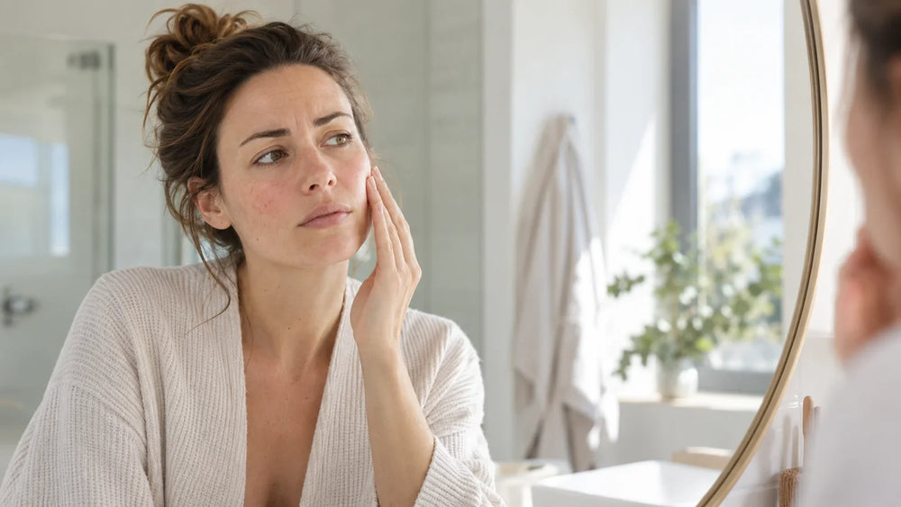 Femme observant une peau devenue réactive devant un miroir
