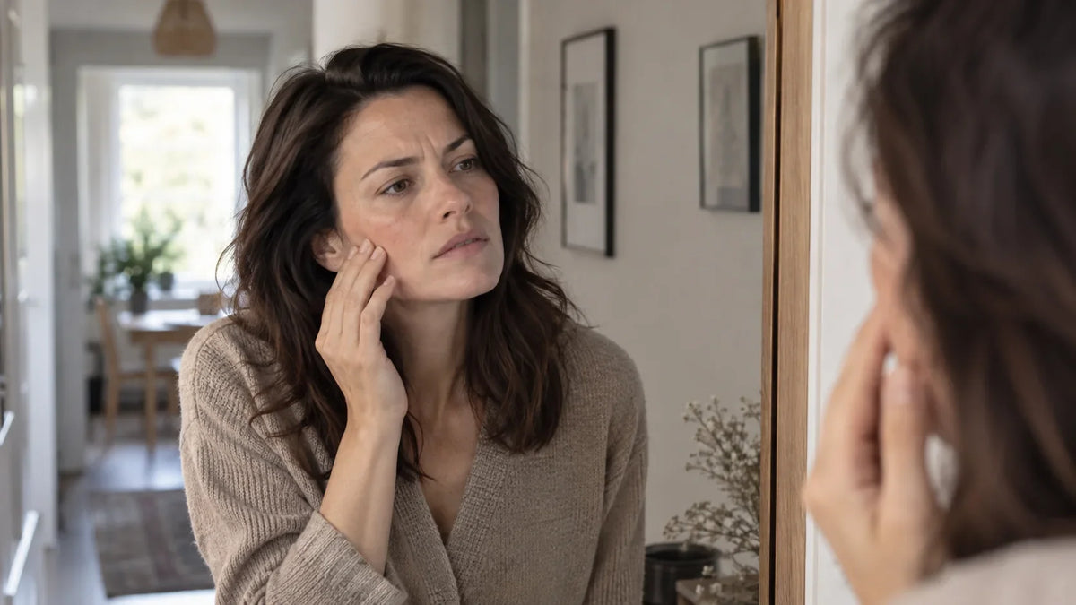 Femme observant sa peau dans un miroir pour comprendre une réaction cutanée Image