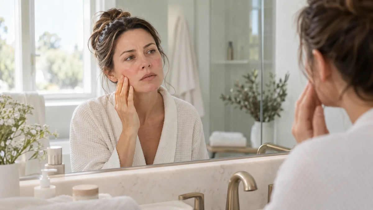 Femme observant une légère rougeur sur sa joue dans le miroir après une routine exfoliante
