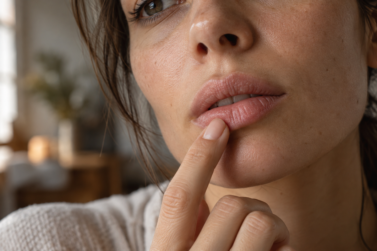 Frau berührt sanft ihre Unterlippe, um ein Lippenpeeling zu veranschaulichen
