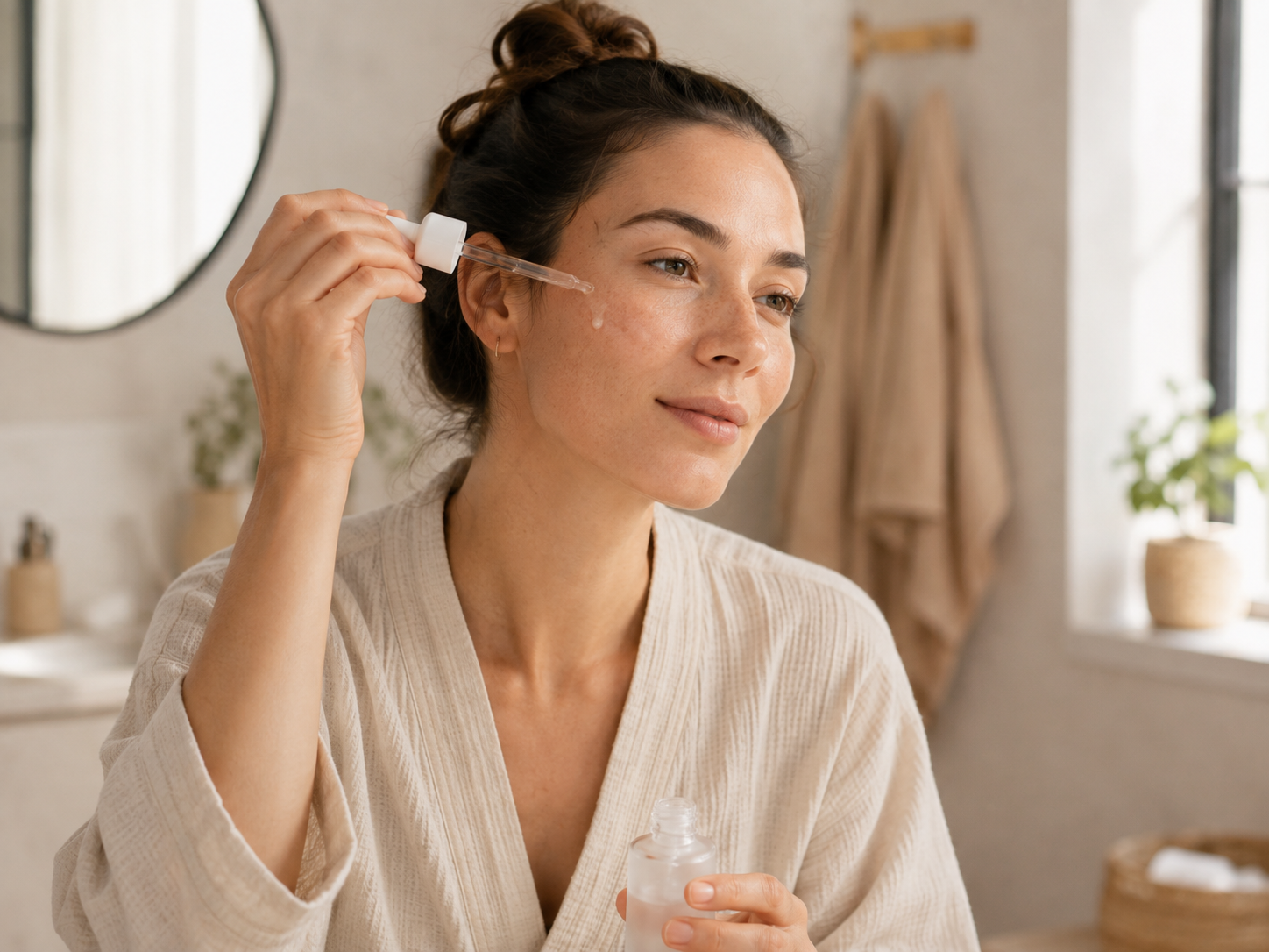 Femme appliquant quelques gouttes de sérum hydratant sur sa joue