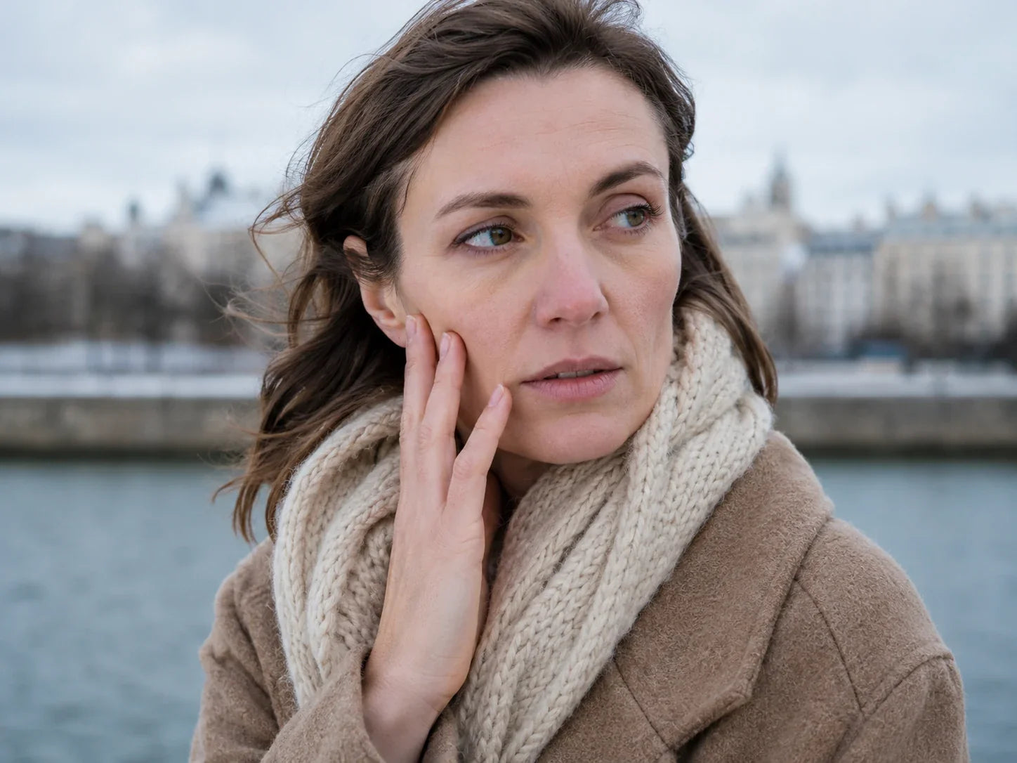 Femme en extérieur en hiver touchant sa joue exposée au froid