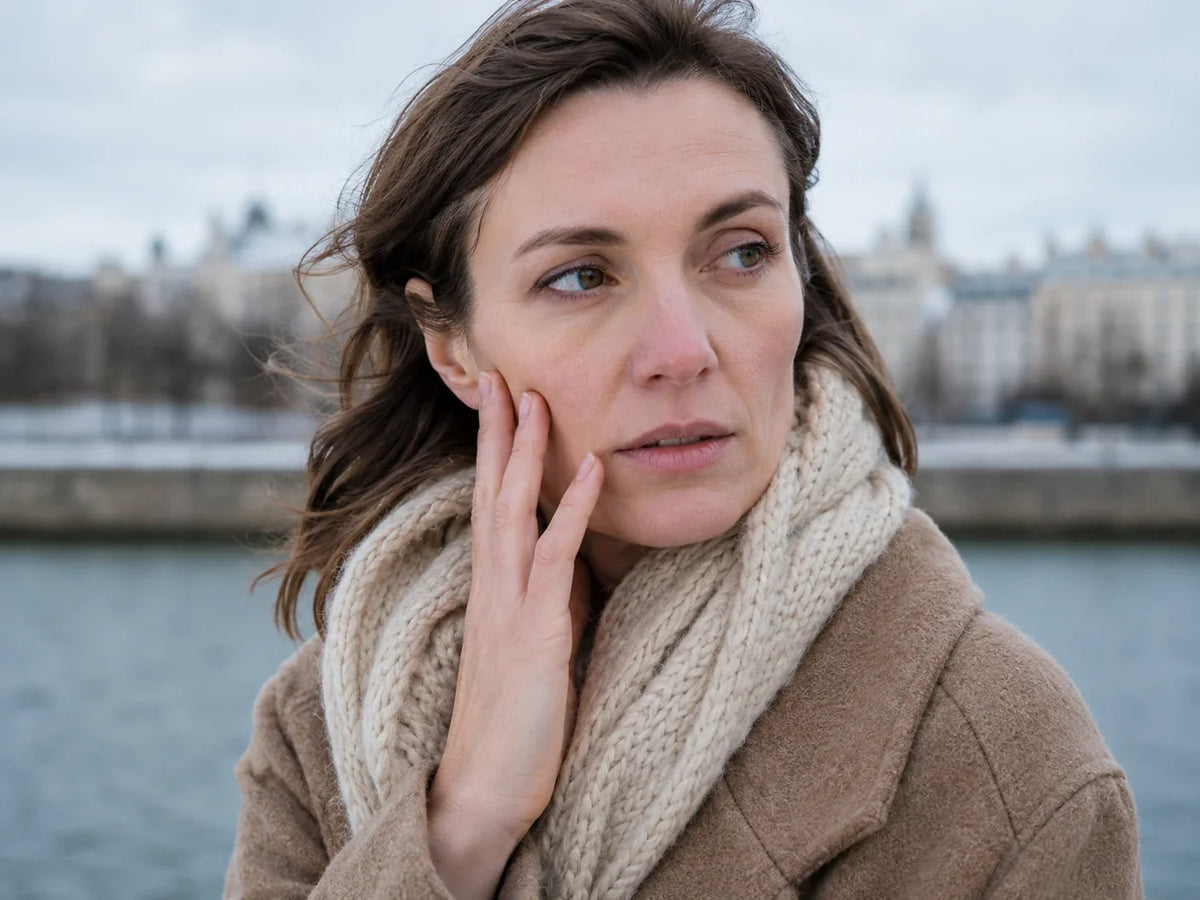 Femme en extérieur en hiver touchant sa joue exposée au froid Image