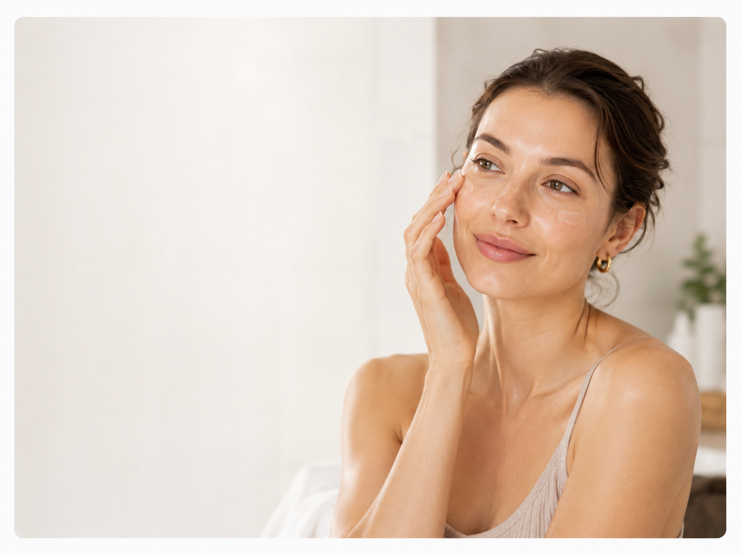 Femme appliquant une crème hydratante sur son visage dans une salle de bain lumineuse Image