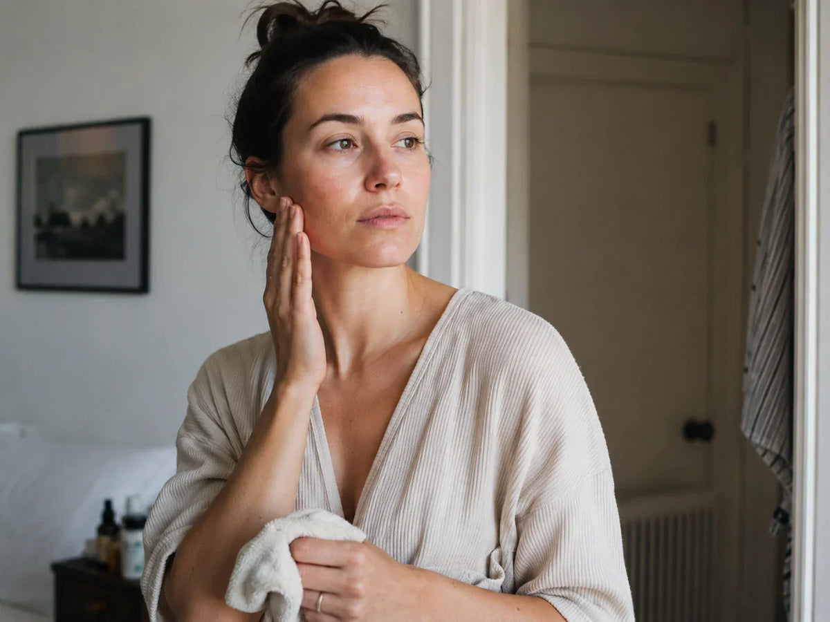 Femme touchant sa joue après le nettoyage lors d’une routine hydratante du matin.