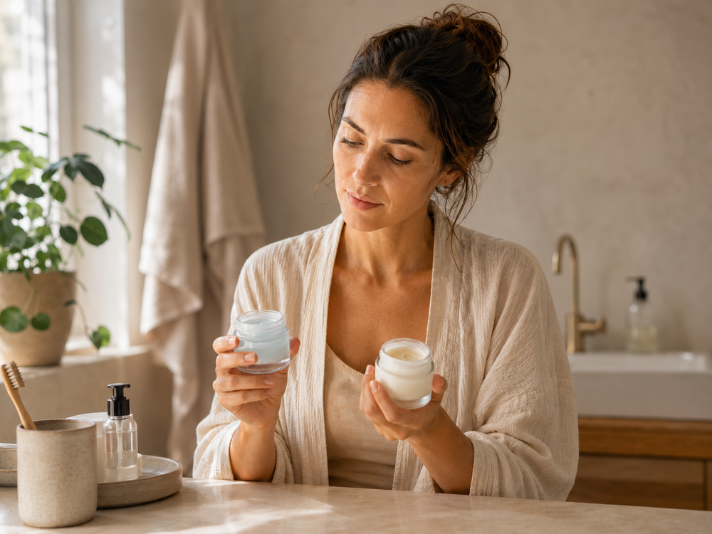 Femme comparant deux textures de soins hydratants dans sa salle de bain