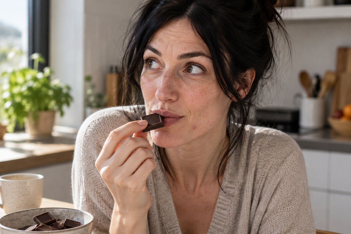 Jeune femme avec quelques imperfections tenant un carré de chocolat Image