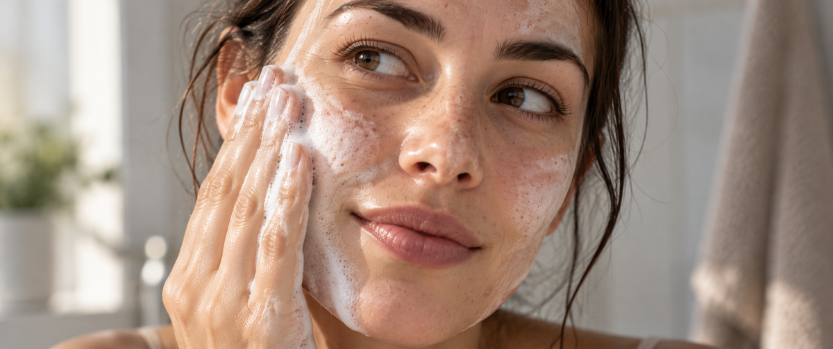 Deux textures nettoyantes comparées sur les mains, une mousse dense et une texture crème