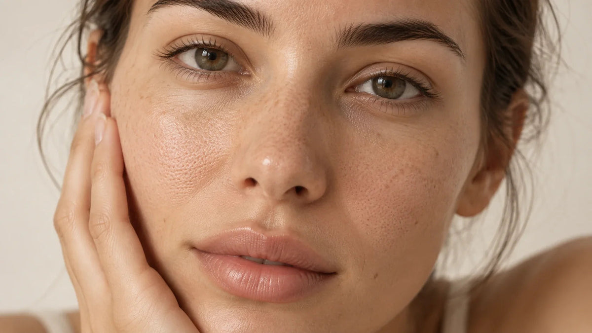 Pores visibles sur les joues et le nez en gros plan