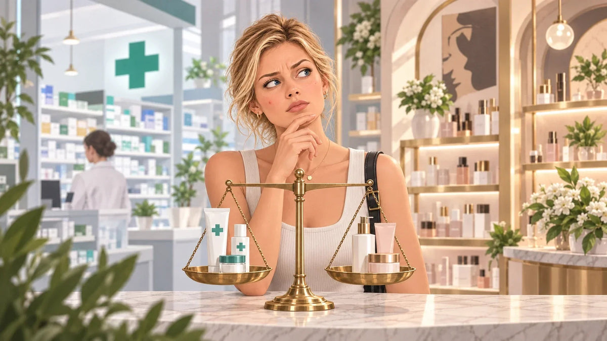 Femme comparant un soin vendu en pharmacie à un soin cosmétique Image