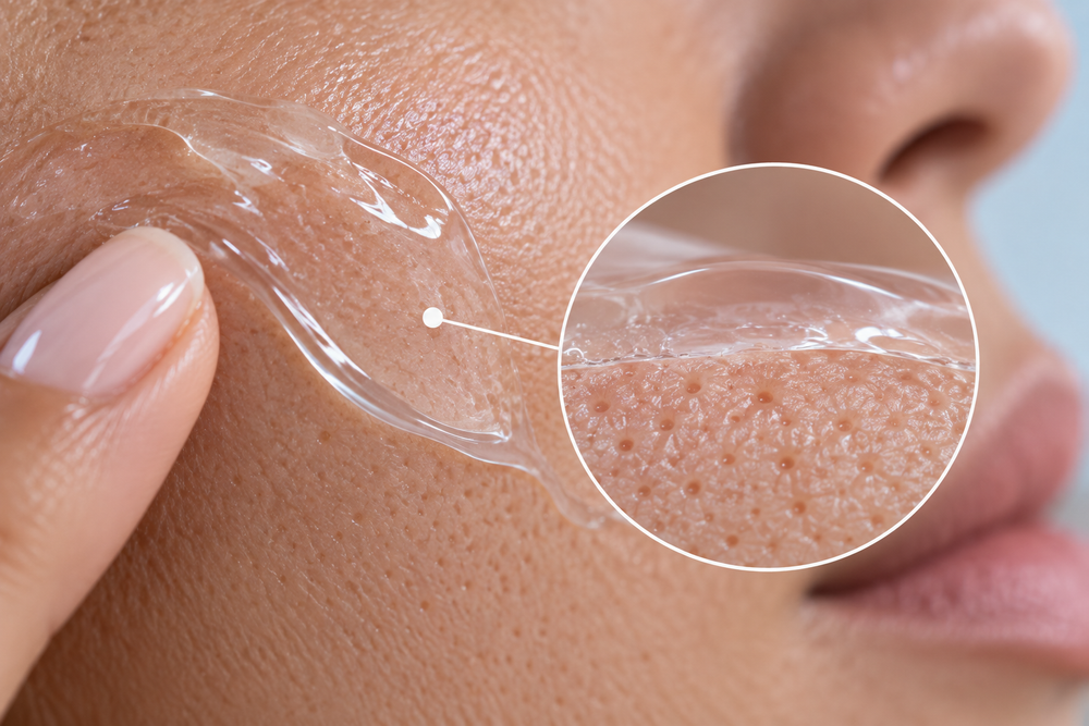 Gros plan d’une peau avec pores visibles et texture gel transparente