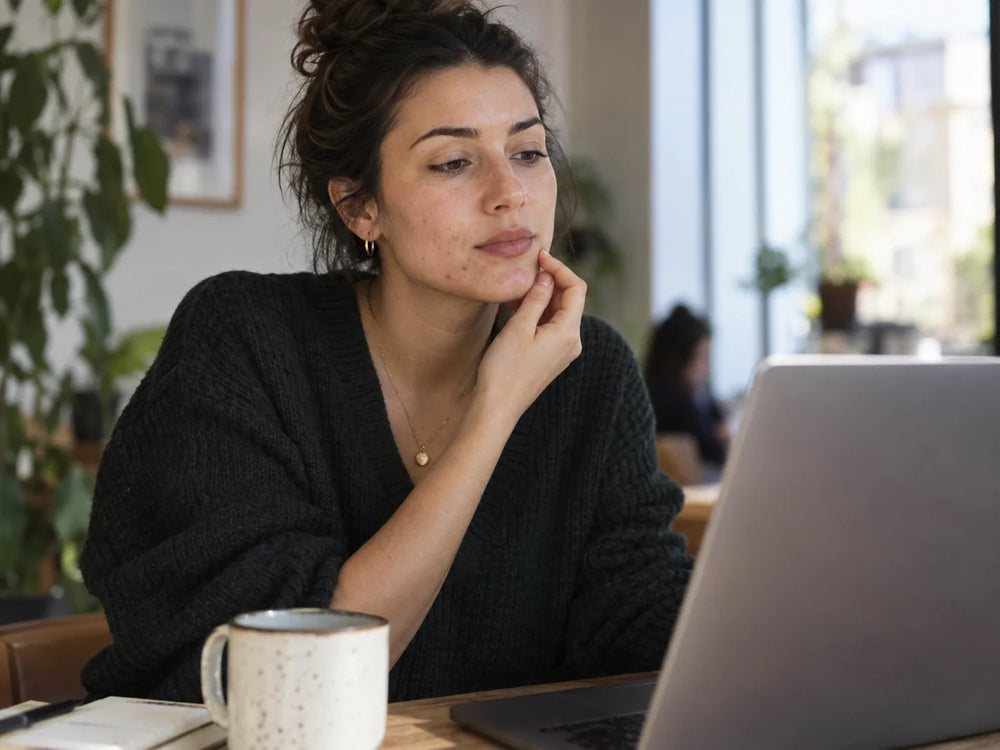 Femme d’une trentaine d’années dans un café, devant son ordinateur, avec quelques imperfections visibles sur le visage