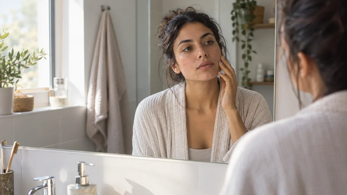 Femme observant sa peau dans le miroir d’une salle de bain, avec quelques imperfections visibles. Image