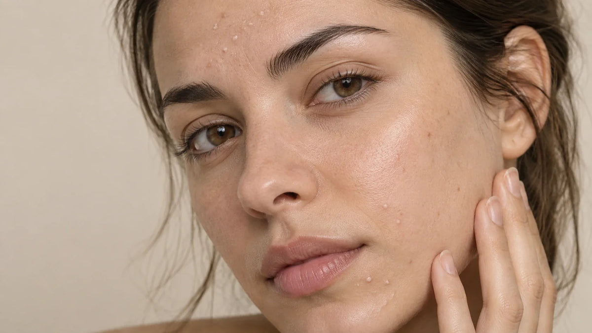 Points blancs sur le visage et petits comédons fermés visibles sur le front et les joues