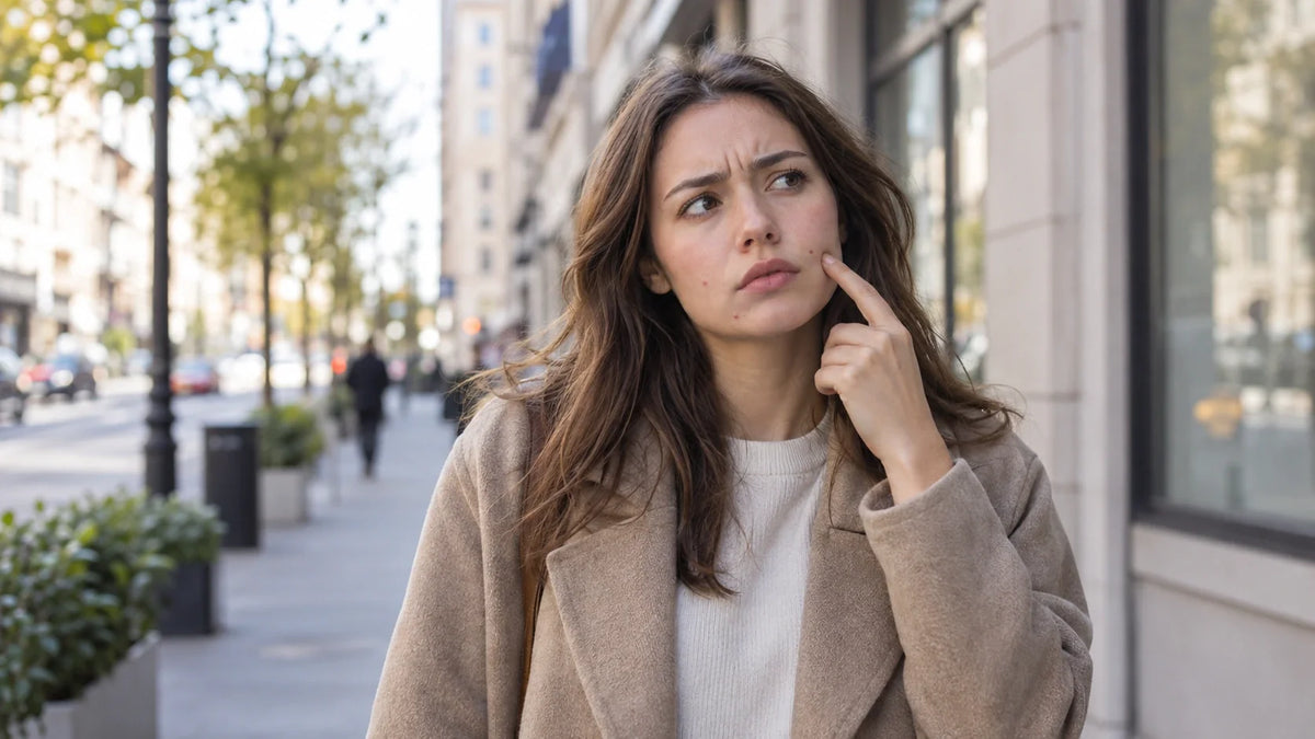 Jeune femme dans la rue, l’air interrogatif, avec quelques boutons visibles sur le visage