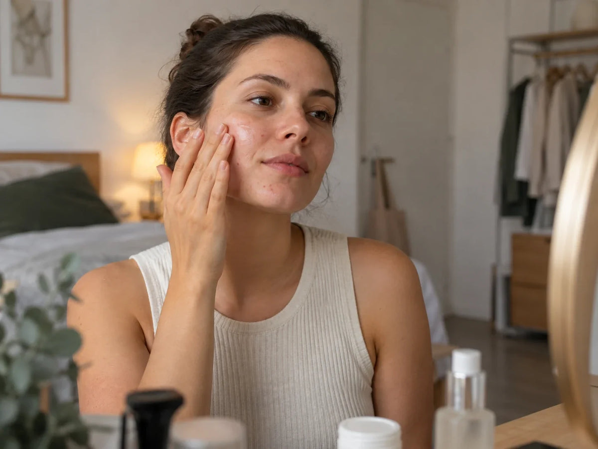 Femme appliquant un soin sur une peau à imperfections dans une routine simple Immagine