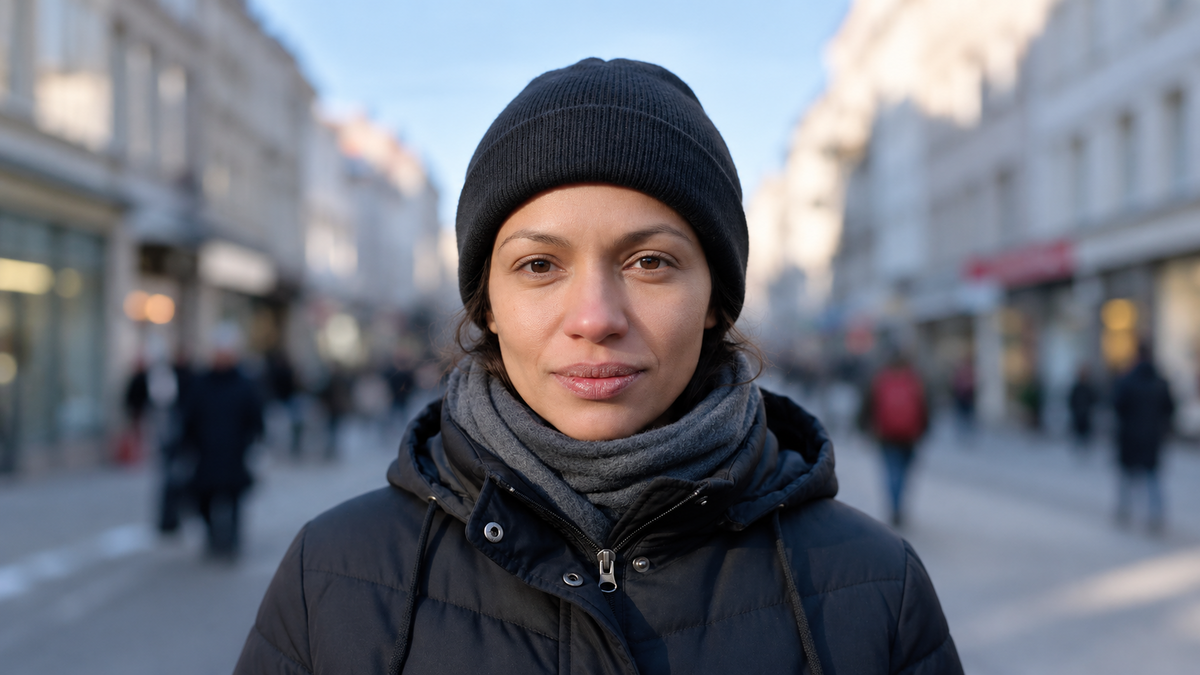 Femme portant un bonnet en ville par temps froid avec des lèvres légèrement sèches