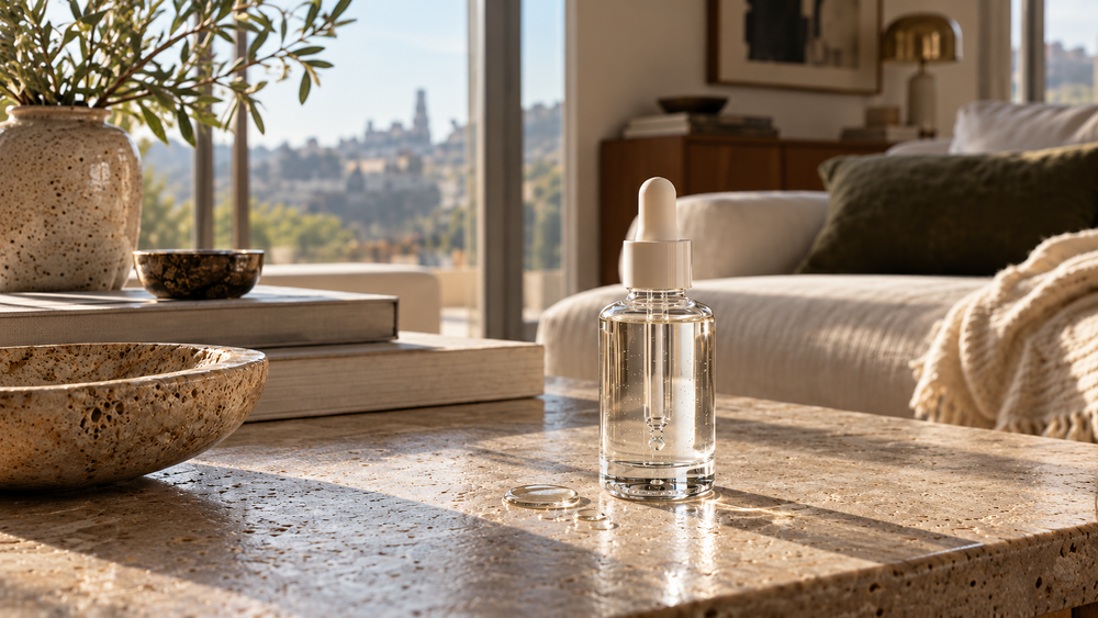 Flacon compte-gouttes transparent sur une table en pierre dans un intérieur moderne