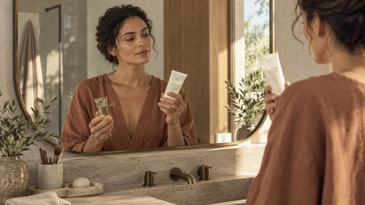 Femme comparant deux nettoyants visage devant un miroir dans une salle de bain lumineuse Image