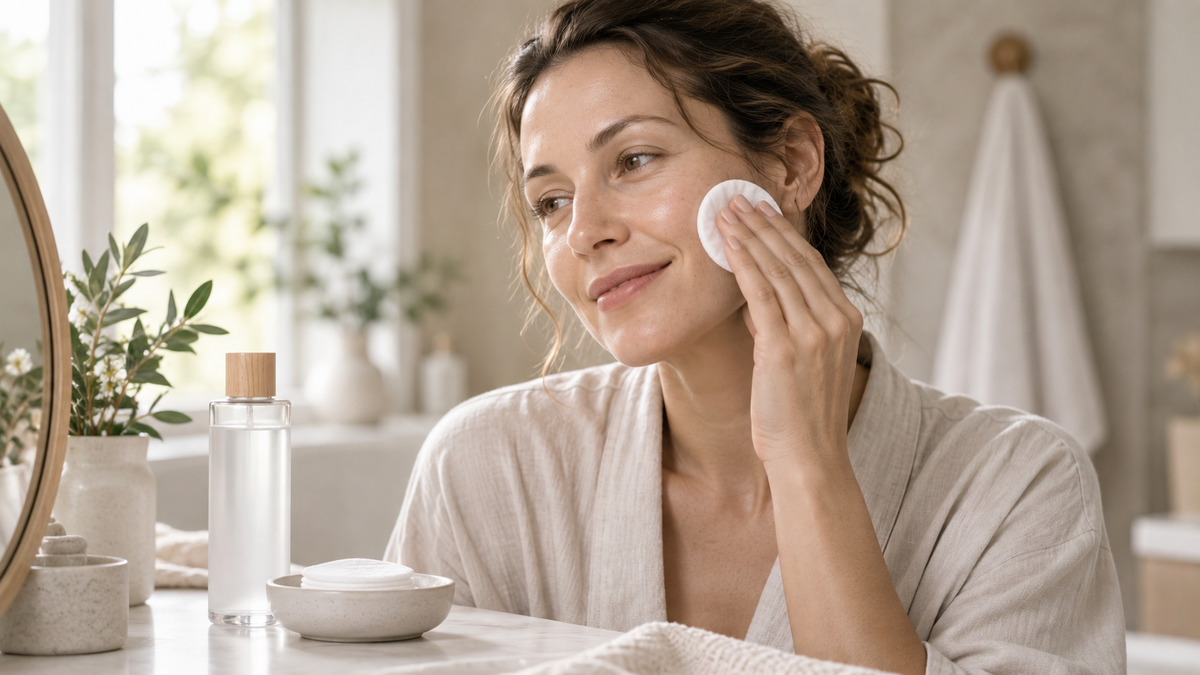 Femme utilisant un coton avec une eau micellaire dans une salle de bain lumineuse