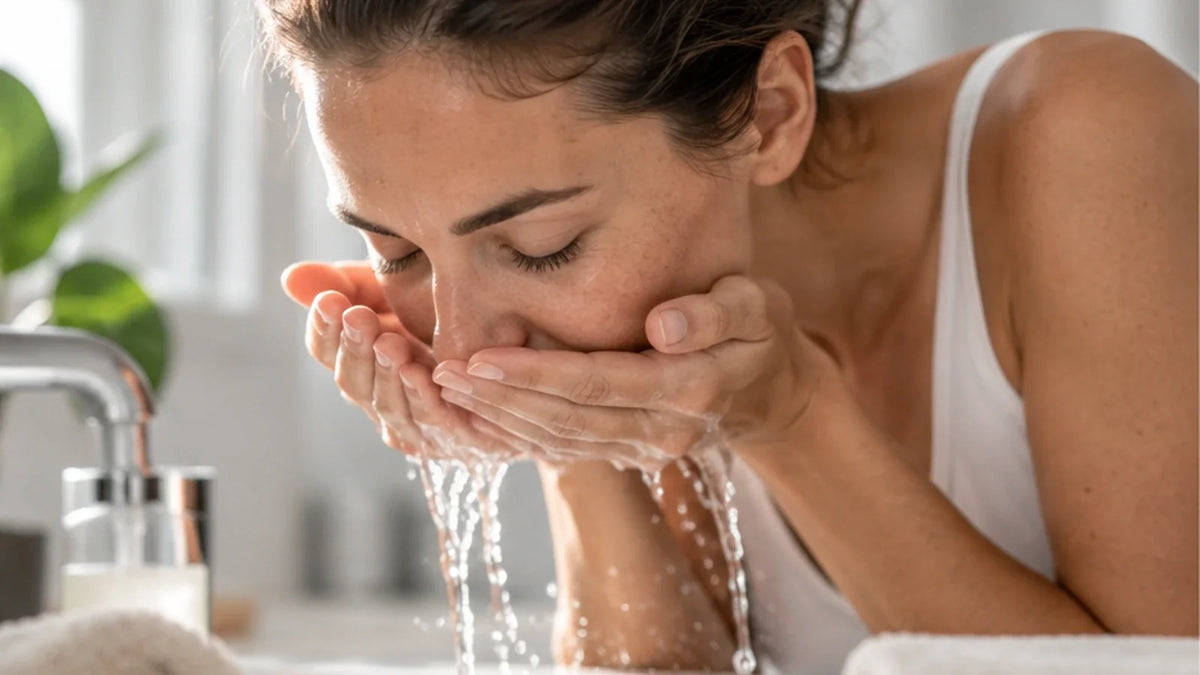 Femme rinçant son visage à l’eau après le nettoyage