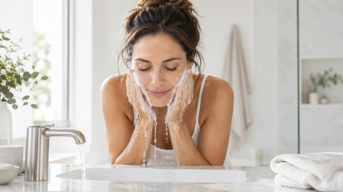 Femme nettoyant doucement son visage à l’eau dans une salle de bain lumineuse
