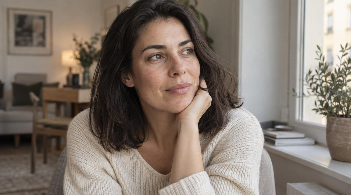 Femme à la peau naturelle avec pores visibles dans un intérieur lumineux Immagine