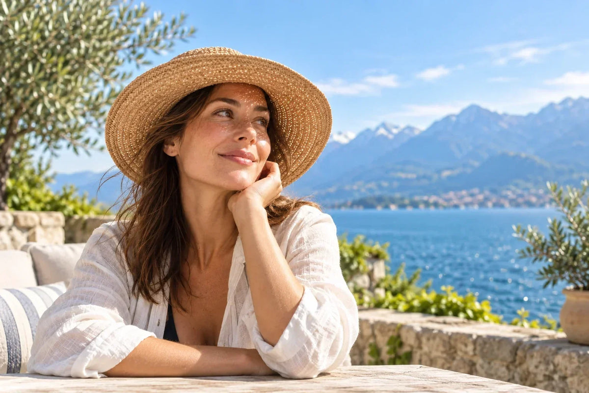 Femme portant un chapeau à large bord au soleil, avec lac et montagnes en arrière-plan Image