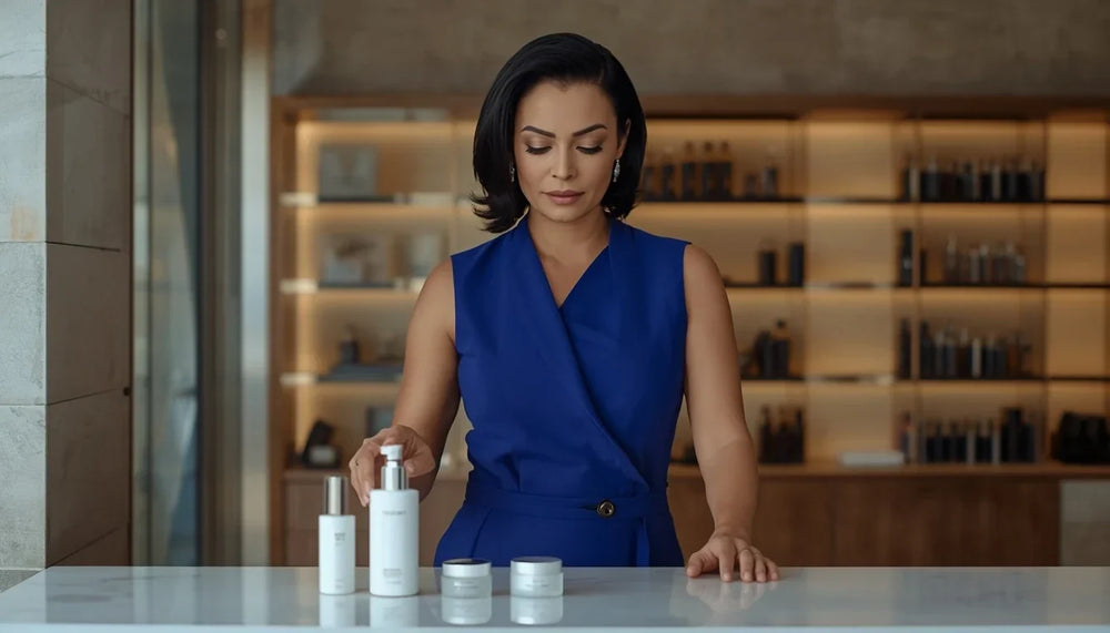 Femme en tenue bleu cobalt choisissant un produit skincare dans un concept-store beauté