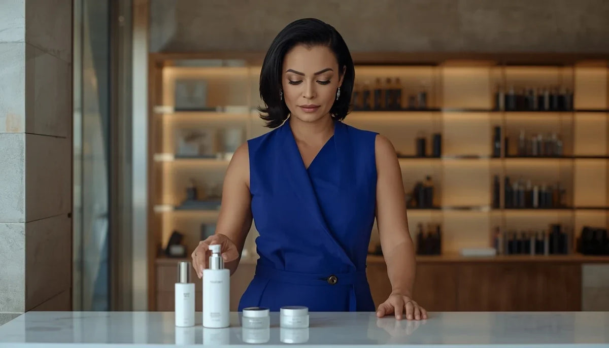 Femme en tenue bleu cobalt choisissant un produit skincare dans un concept-store beauté Image