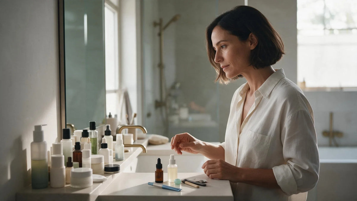 Femme devant une sélection de produits skincare dans une salle de bain