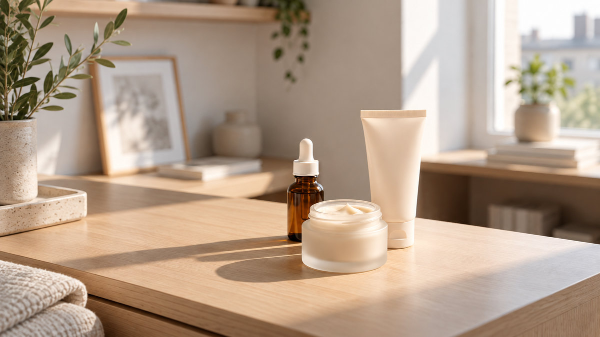Produits essentiels d’une routine skincare débutant sur une table en bois