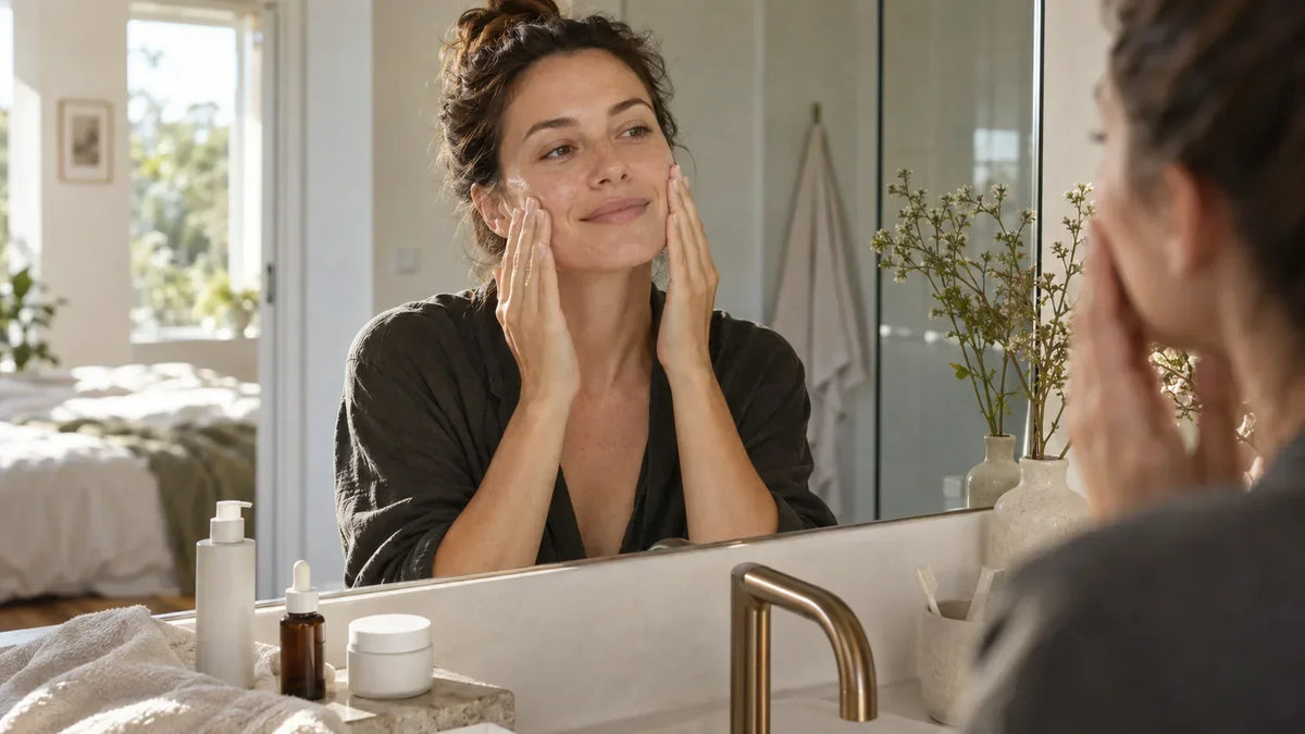 Femme appliquant un soin visage devant un miroir dans une salle de bain lumineuse, avec une routine skincare simple. Image