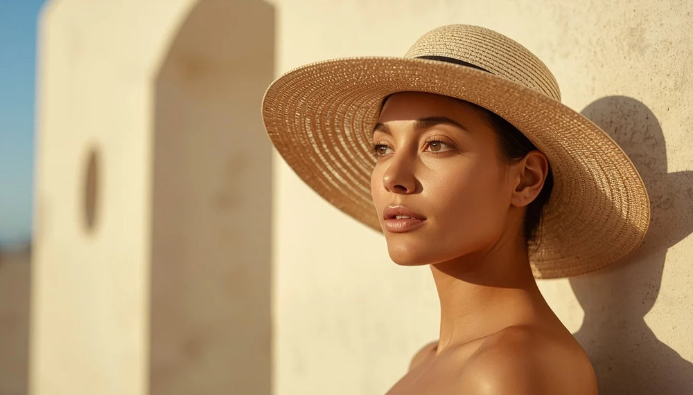 Femme portant un chapeau à larges bords dans une lumière solaire chaude