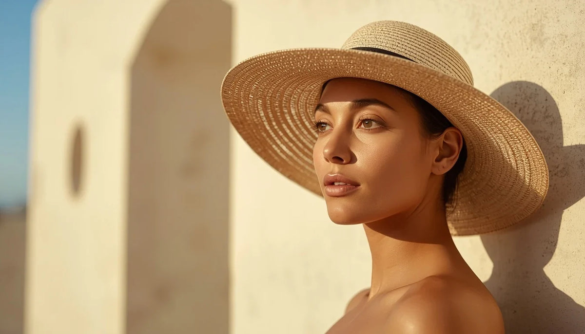 Femme portant un chapeau à larges bords dans une lumière solaire chaude
