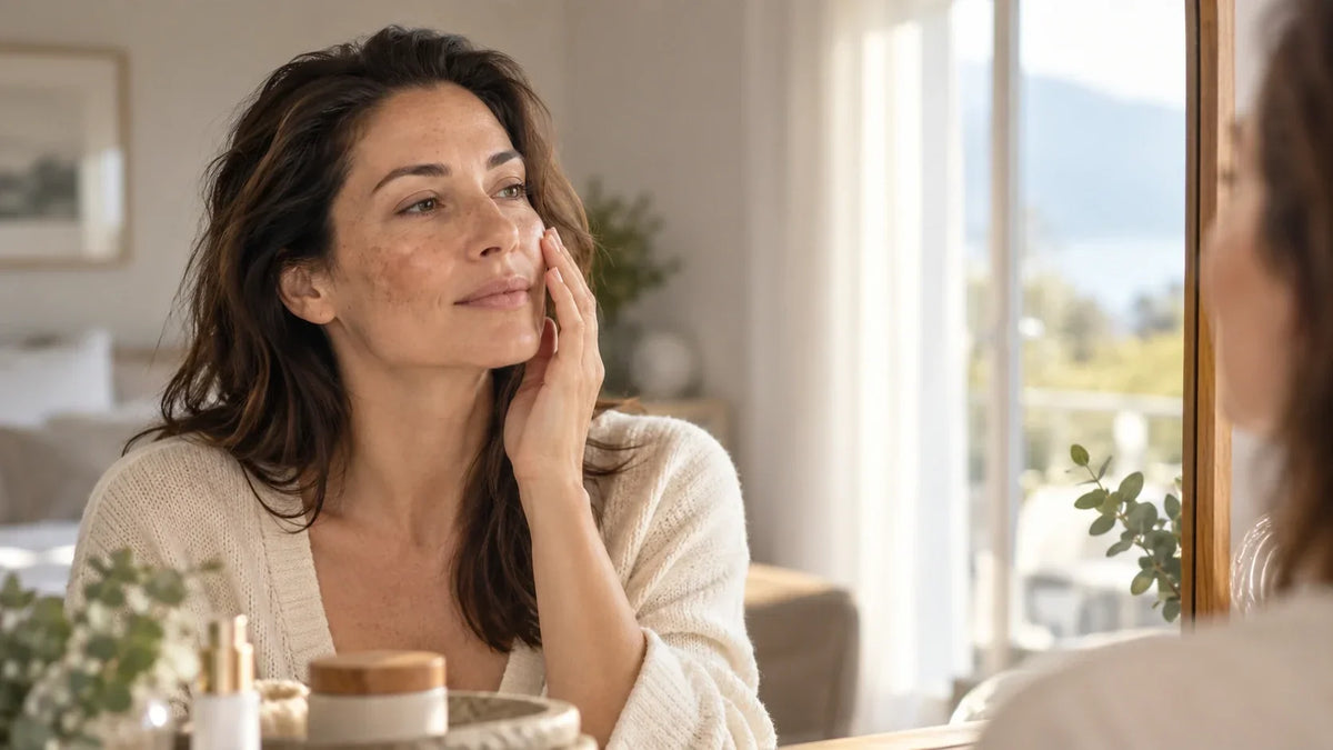 Femme observant les variations de pigmentation de sa peau à la lumière naturelle Image