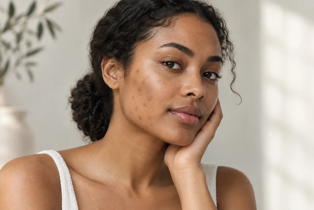 Femme avec des marques brunes après des boutons visibles sur la joue et la mâchoire