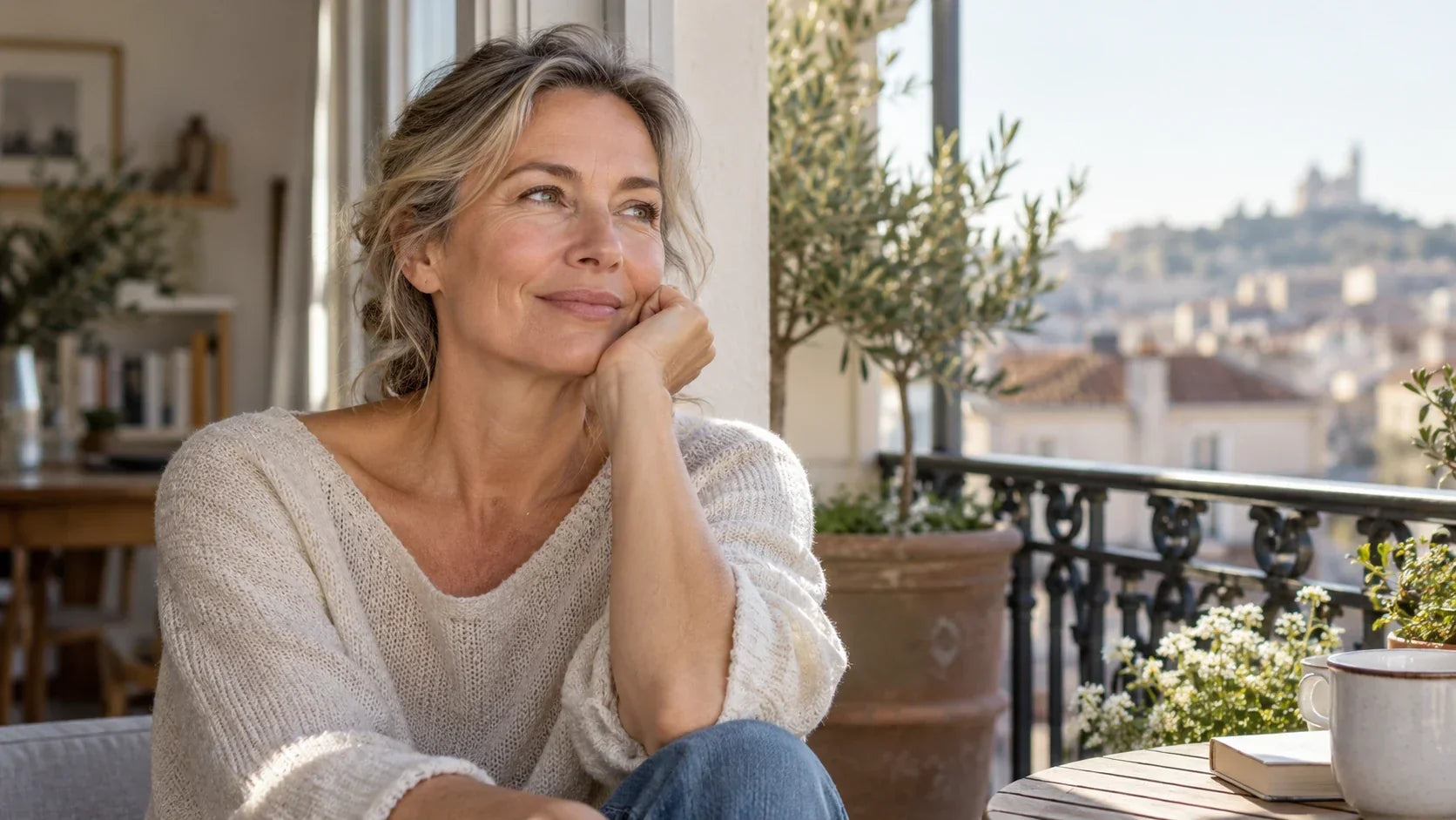 Femme mature assise sur un balcon lumineux, avec une peau naturelle et des ridules visibles. Image