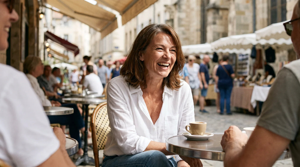 Femme mature souriante à la terrasse d’un café, avec une peau naturellement marquée par l’âge Image