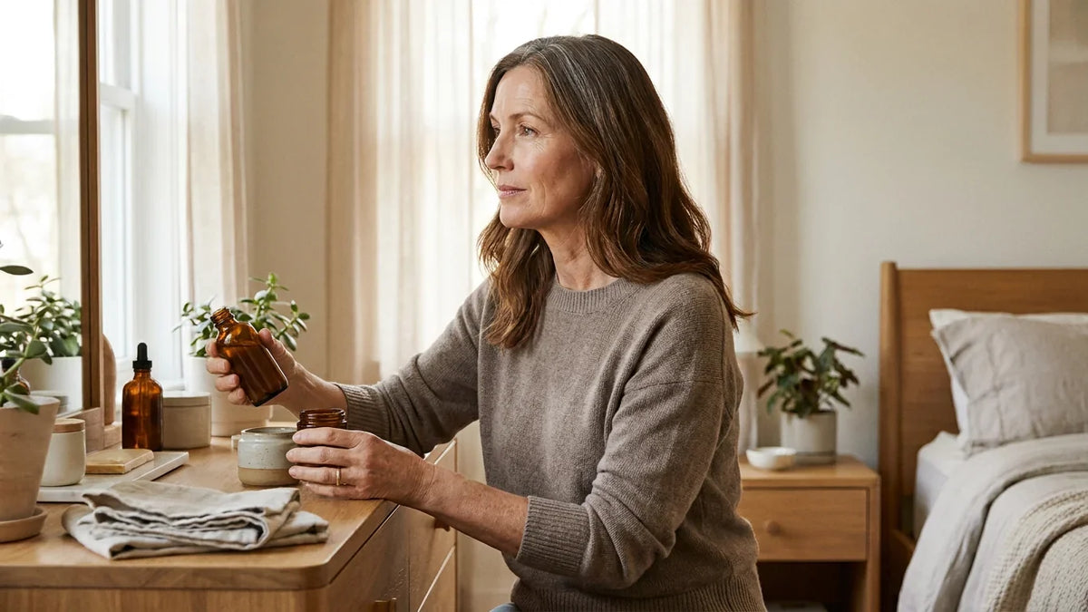 Femme mature préparant une routine de soin simple dans une chambre lumineuse