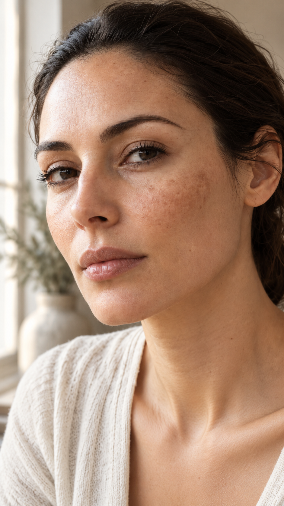Portrait rapproché d’une femme avec des zones d’hyperpigmentation sur la joue