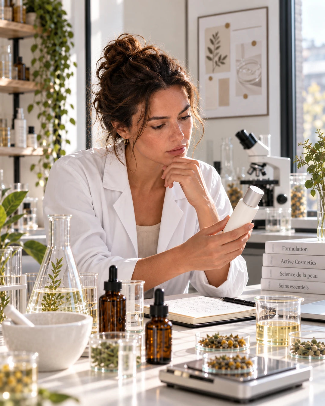 Formulatrice en blouse blanche examinant un soin dans un laboratoire cosmétique, cadrage mobile.