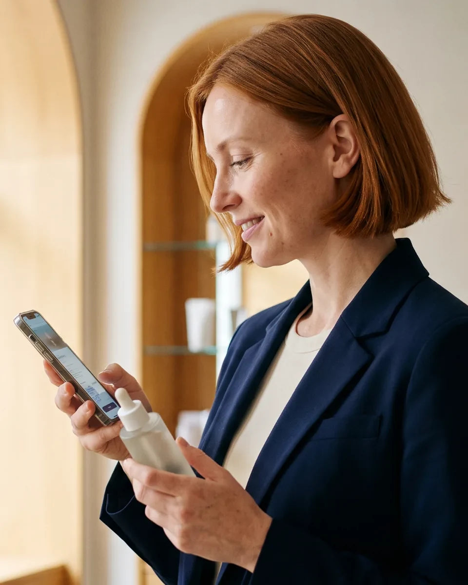 Femme rousse examinant un produit cosmétique et consultant son téléphone