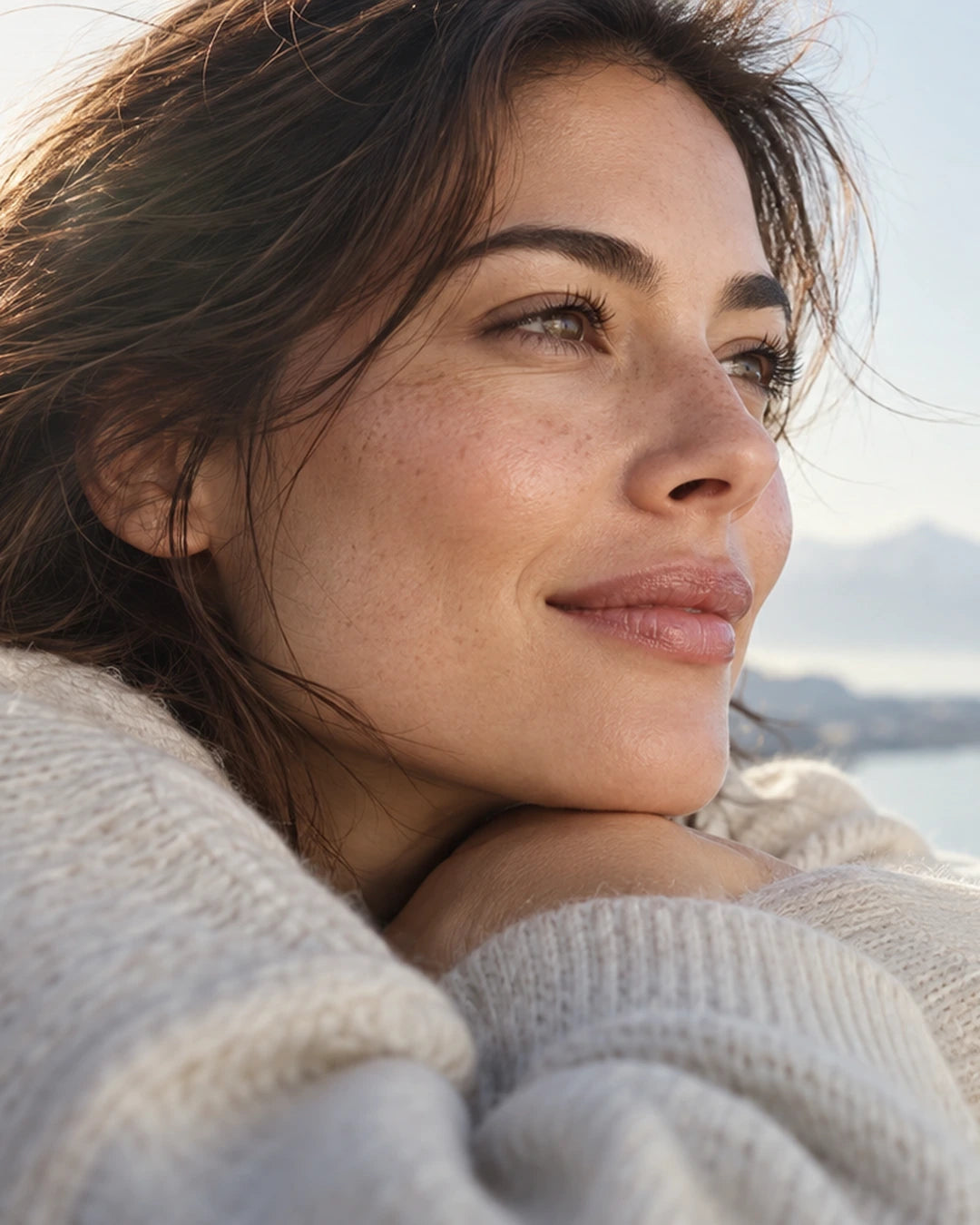 Portrait d’une femme au bord d’un lac de montagne, peau naturelle et lumière douce